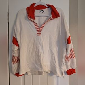 BUCKETLIST Red and White Striped Distressed Collar Pullover